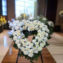 Load image into Gallery viewer, Open heart of cream carnations with white spray roses 18"
