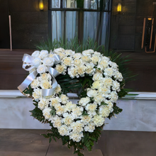Load image into Gallery viewer, Open heart of cream carnations with white spray roses 18"