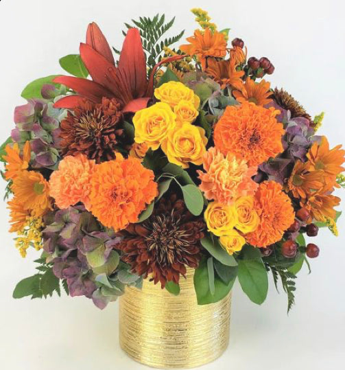 Thanksgiving bouquet designer choice in Gold vase