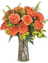 Load image into Gallery viewer, 12 orange roses in clear vase

