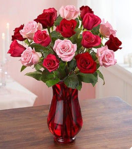 24 roses “Love medley bouquet” in plastic red vase