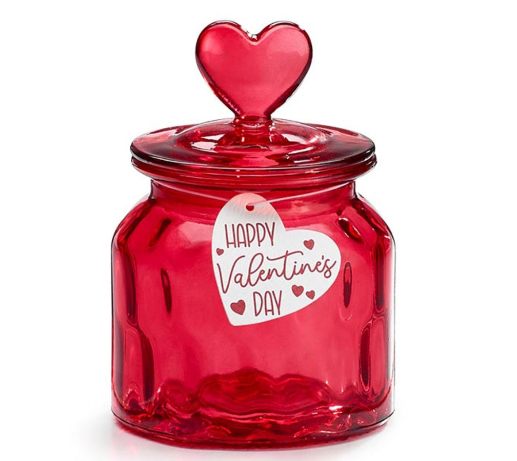 RED GLASS CANDY JAR WITH HEART LID