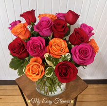Load image into Gallery viewer, 18 Mix Colorful of Roses in clear vase
