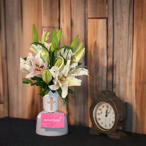 Cross ceramic vase with white lilies.- Best Seller