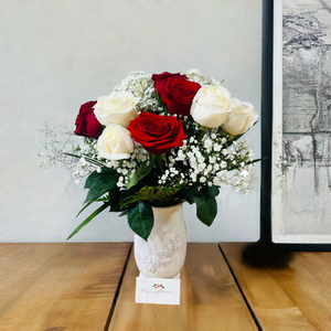 12 Roses White and Red in ceramic vase