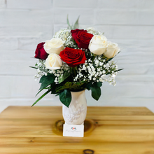 Load image into Gallery viewer, 12 Roses White and Red in ceramic vase
