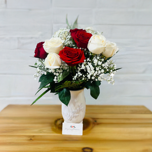 12 Roses White and Red in ceramic vase