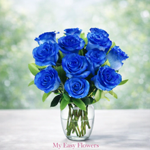 Load image into Gallery viewer, DOZEN BLUE ROSES in Clear Vase .- AVAILABLE FROM JUNE 16 TO JUNE 20
